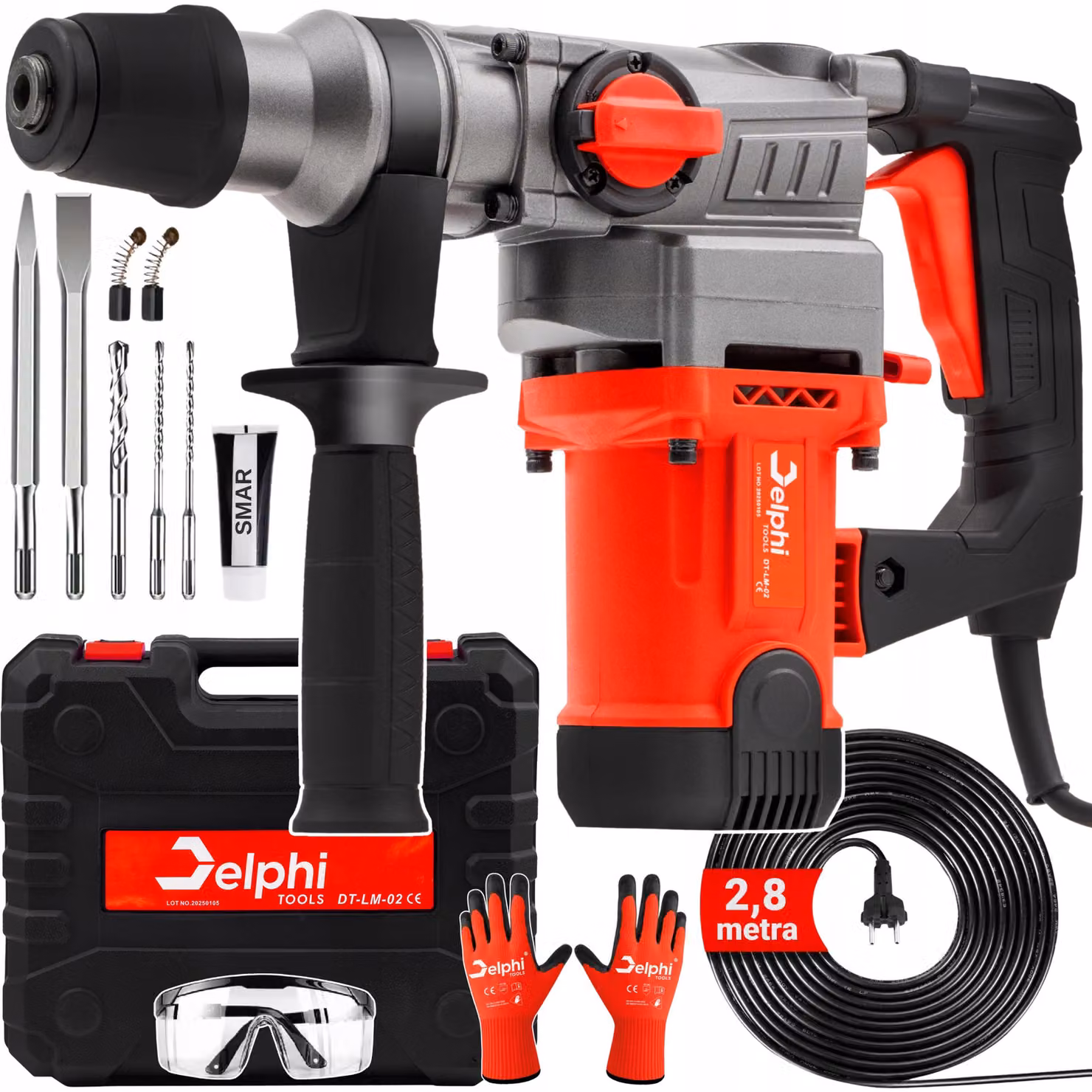 Delphi Tools | Trapano avvitatore a percussione SDS+ 2200W - 3 funzioni - Set di scalpelli - Valigetta - Cavo da 2,8 metri