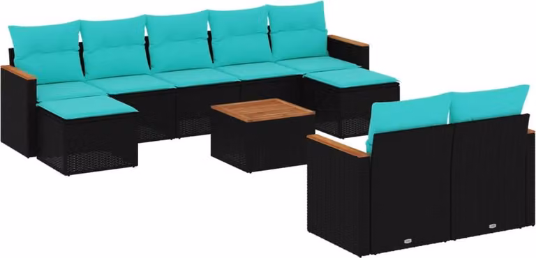 Set Divani da Giardino 10 pz con Cuscini Nero in Polyrattan