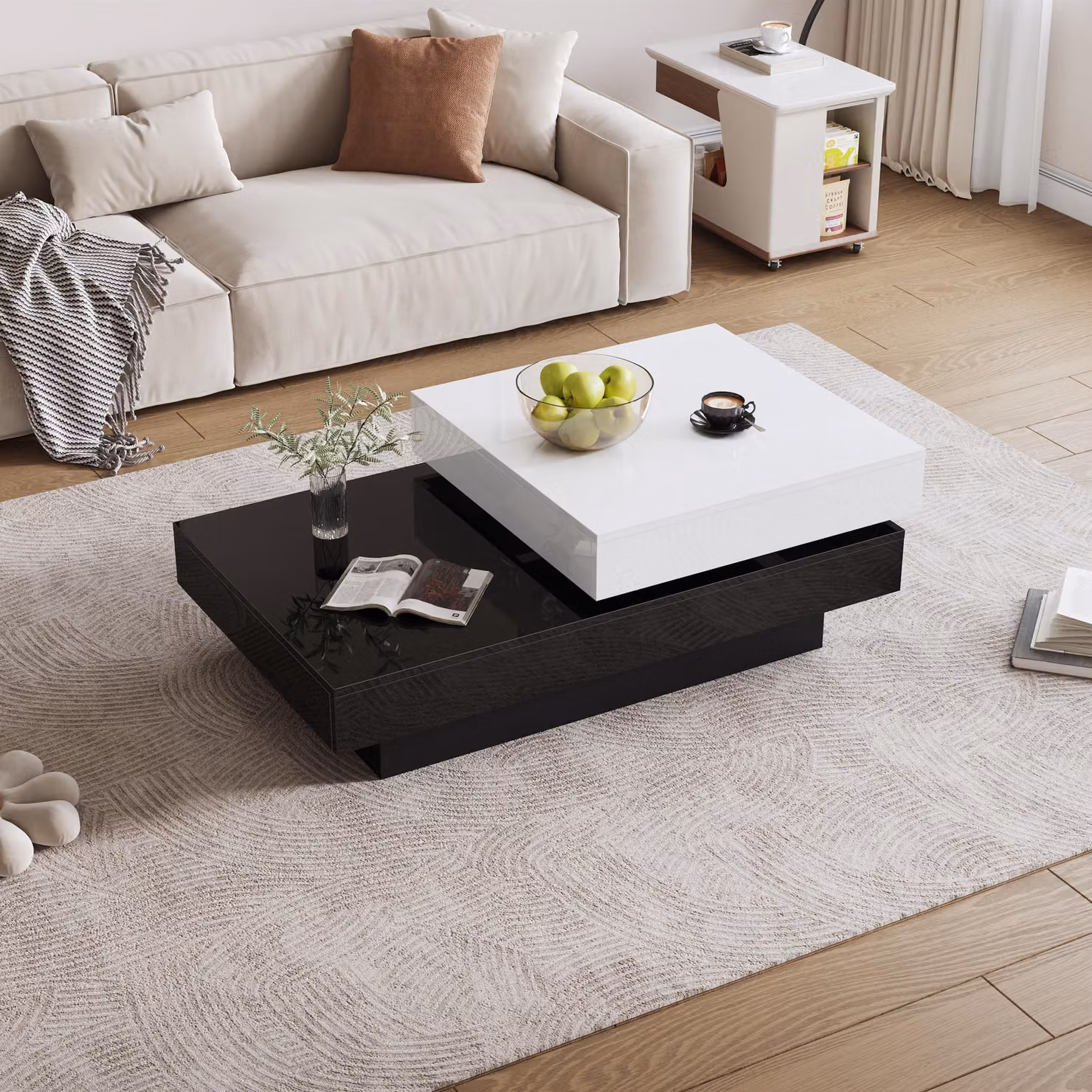 Tavolino Merax con piano girevole e 2 livelli - Bianco e nero lucido, 103 x 60 x 35,5 cm - Design moderno e funzionalità