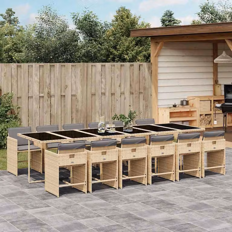 Set Pranzo da Giardino vidaXL 13 pz in Polyrattan con Cuscini Beige e Piano in Vetro