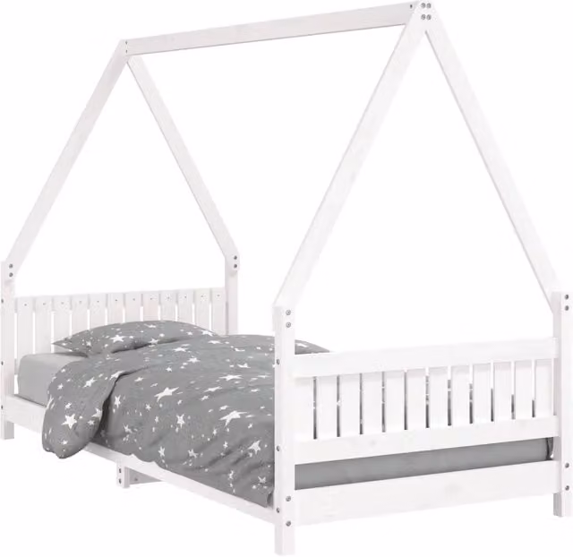 Letto Infantile per Bambini in Legno Massello di Pino Bianco con Struttura a Casetta L/P/H: 200 x 90 x 146 cm