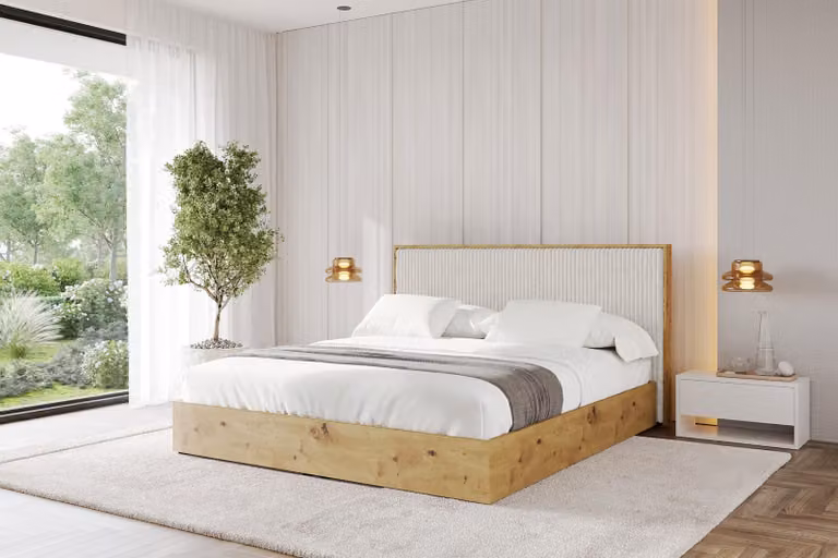 Letto imbottito ALTDECOR con contenitore - ENZO10 200x200 color crema, rete a doghe, letto contenitore con testiera e vano portaoggetti, letto matrimoniale senza materasso