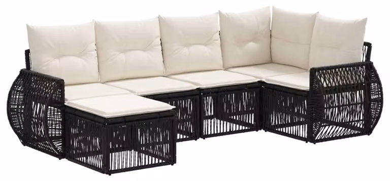 Set di divani da giardino, 6 pezzi, colore nero e crema, in rattan sintetico