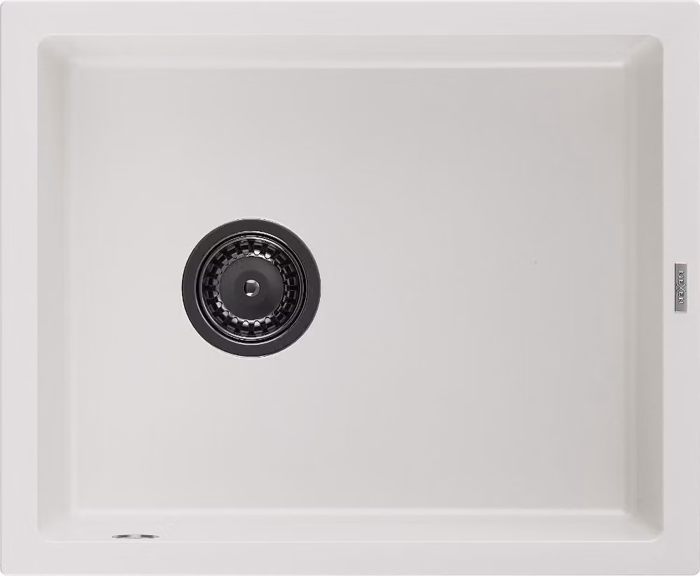 Mexen Pedro lavello in granito a 1 vasca 560 x 460 mm, bianco, sifone nero - 6508561000-20-B