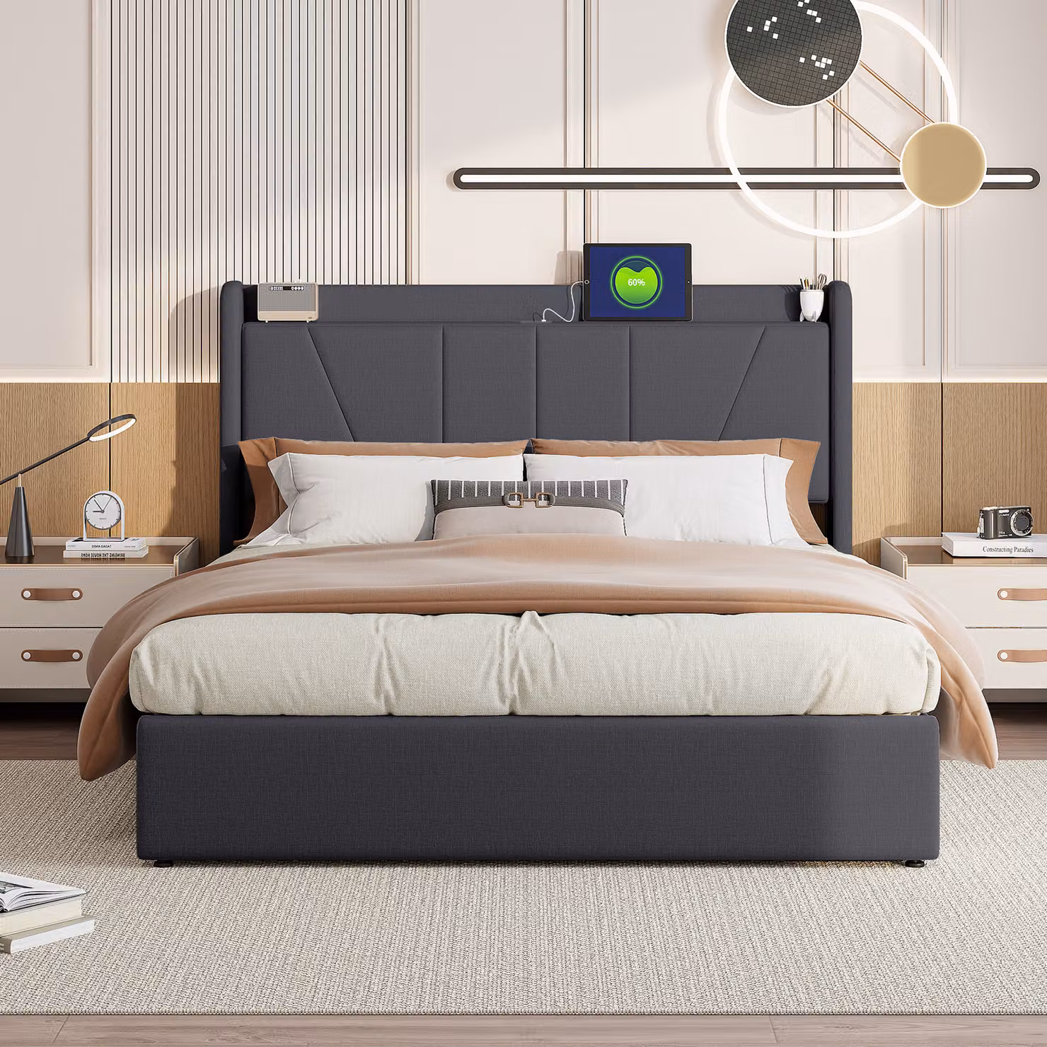 Letto 160x200 cm con porta USB di tipo C, spazio contenitore e rete a doghe, colore grigio