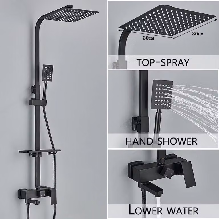 Set doccia con soffione a pioggia - Miscelatore monocomando per acqua calda/fredda - Include soffione a pioggia da 30 cm, miscelatore monocomando, doccetta manuale e attacchi a parete. Finitura: nero/cromato