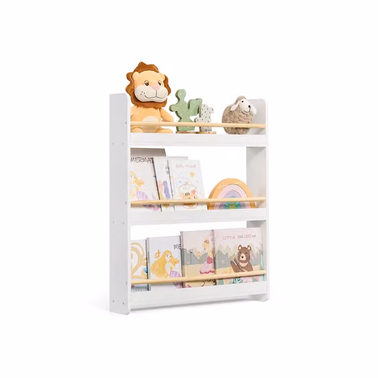 Libreria per bambini a parete multistrato, Bianco + Naturale / 3 Ripiani (60l cm)