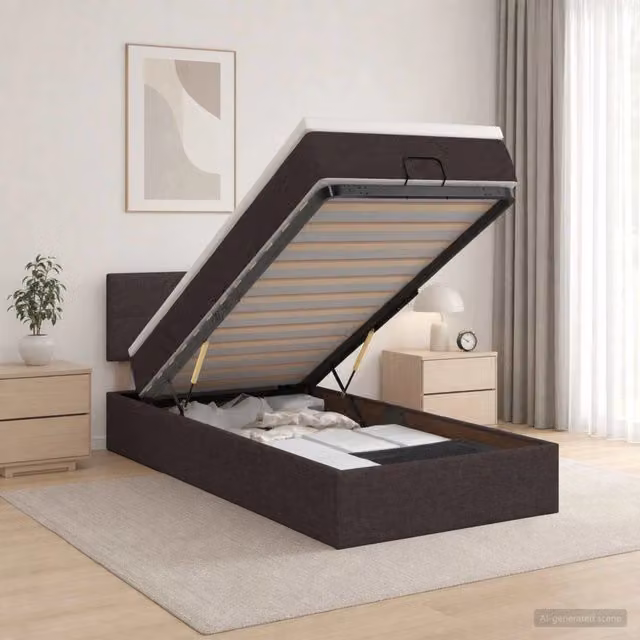 Letto ottomano con contenitore a sollevamento vidaXL in tessuto marrone con materasso L: 90 cm, P: 200 cm, H: 44 cm
