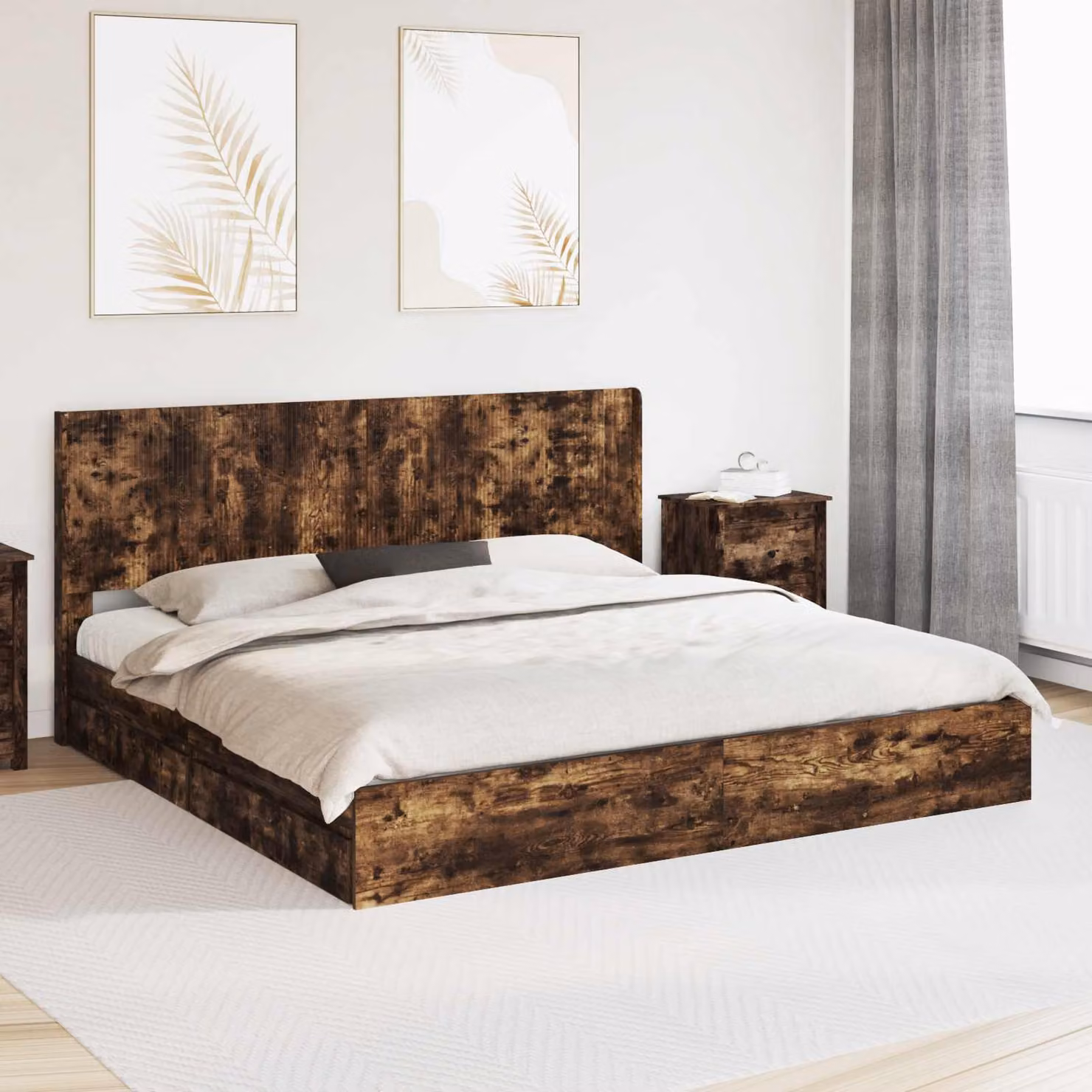 Struttura del letto con stoccaggio e testata vidaXL in legno Rovere Fumo, L/P/H: 180 x 200 x 100 cm