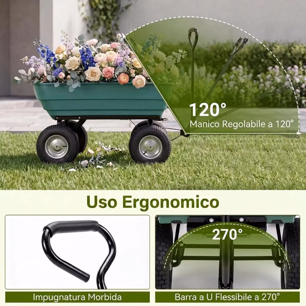 Carriola da Giardino Costway in Metallo e Plastica Verde con Vasca Ribaltabile, Manico Regolabile e Ruote Pneumatiche, Capacità 125 L e Portata 410 kg – 2