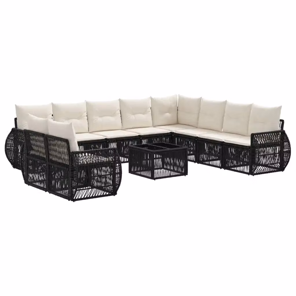 Set Divano da Giardino Moderno vidaXL in Polyrattan con Cuscini, 11 Pezzi, Nero e Bianco Crema – 2