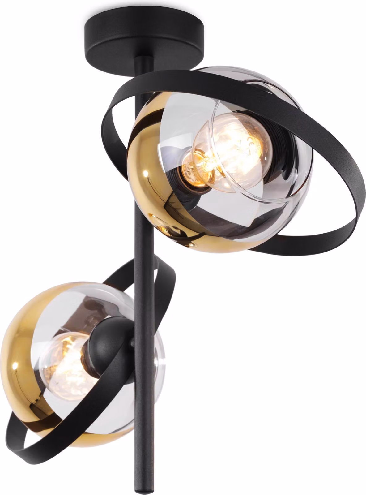 Lampada da soffitto Ronda nera a 2 luci con paralumi dorati E27