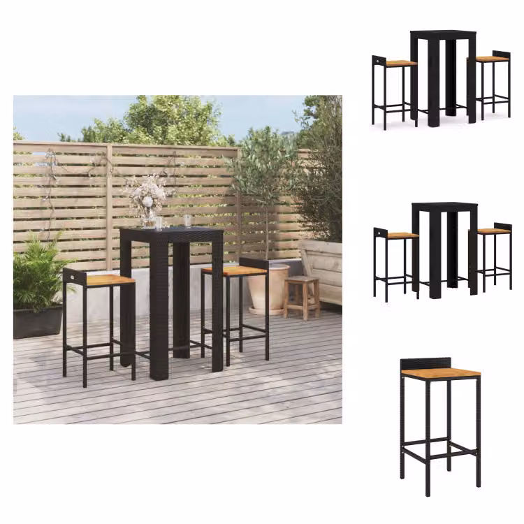 vidaXL Set bar da giardino 3 pezzi in poly rattan nero e legno massiccio di acacia - Set di mobili da giardino