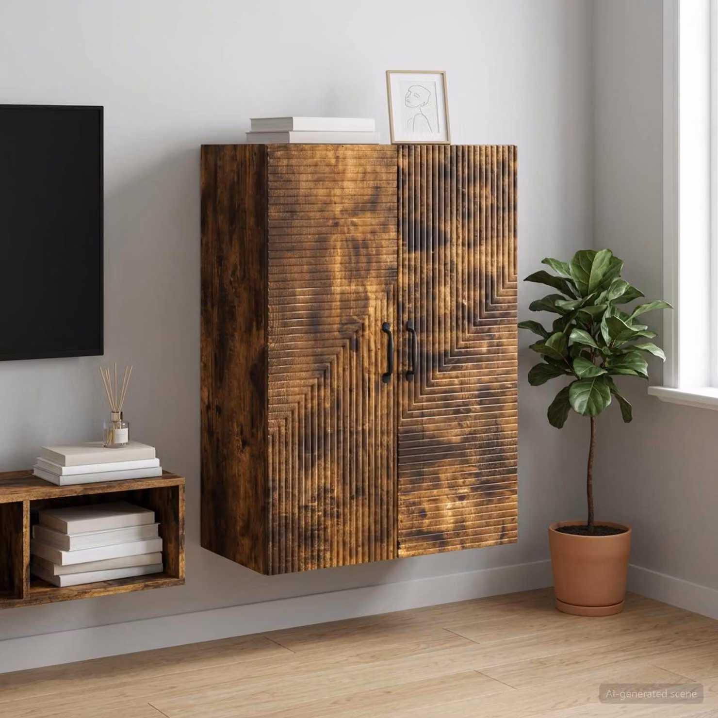 Mobiletto a muro moderno vidaXL in rovere fumo con ante a battente, L: 66 cm, P: 34,5 cm, H: 90 cm
