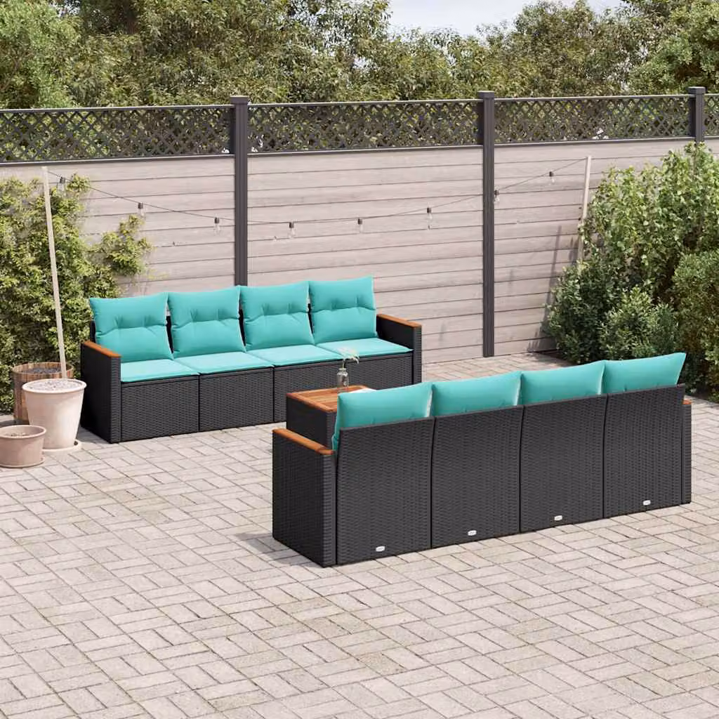 Set Divani da Giardino vidaXL 9 pz in Polyrattan con Cuscini e Tavolino, Design Moderno a Forma di U, Colore Nero e Blu con Struttura in Acciaio Verniciato a Polvere