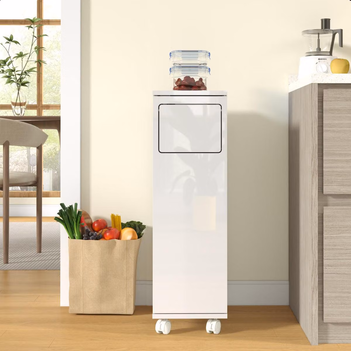 Contenitore mobile per rifiuti, raccoglitore per rifiuti a scomparto singolo con supporto in acciaio inossidabile, dimensioni 24,2 x 35,1 x 80,2 cm, colore bianco lucido