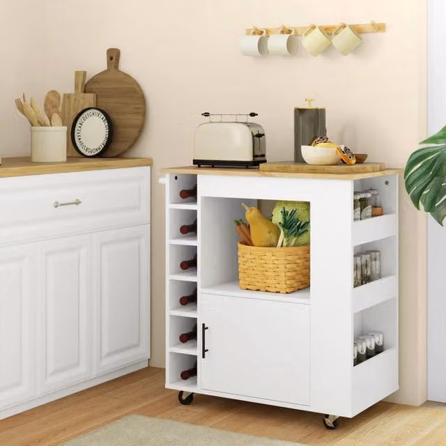 Carrello da cucina OKWISH in legno di rovere bianco e marrone con piano di lavoro, vano aperto e portabottiglie, L/P/H: 83 x 40 x 83 cm