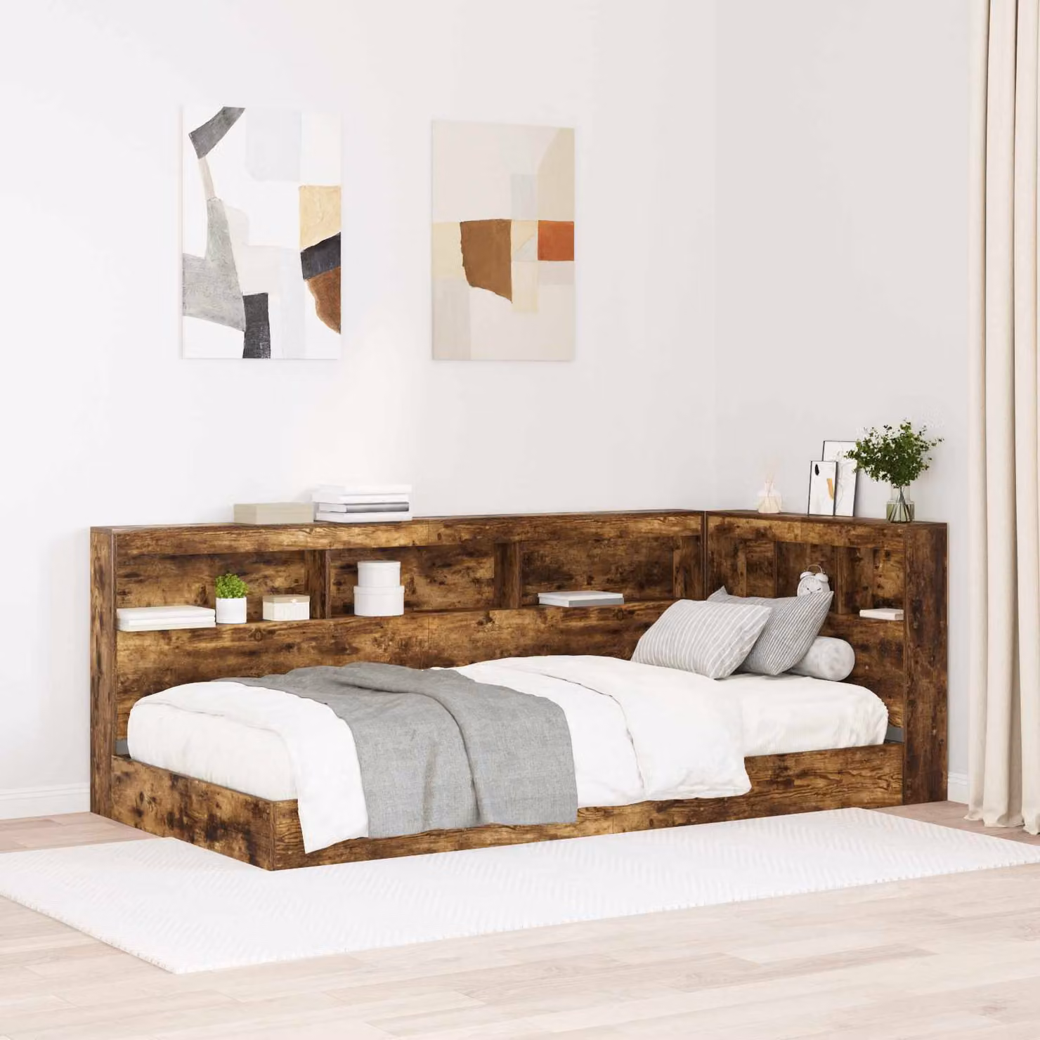Testata del letto con contenitore vidaXL in legno e metallo, colore marrone, con ripiano integrato e porta di ricarica USB, L/P/H: 217.5 x 107.5 x 76.5 cm