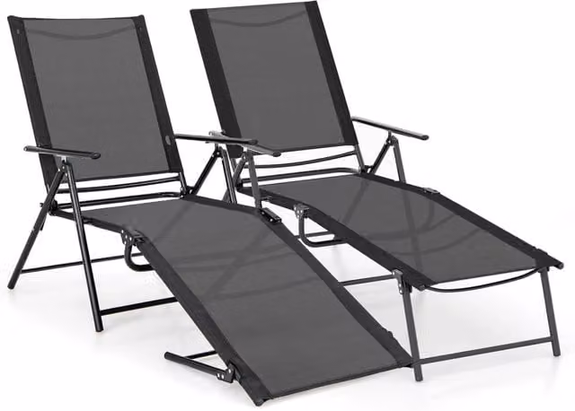 Set di 2 Lettini Prendisole Costway in Metallo e Textilene con Schienale Regolabile, Sdraio Pieghevoli per Giardino e Piscina, Colore Nero – 1