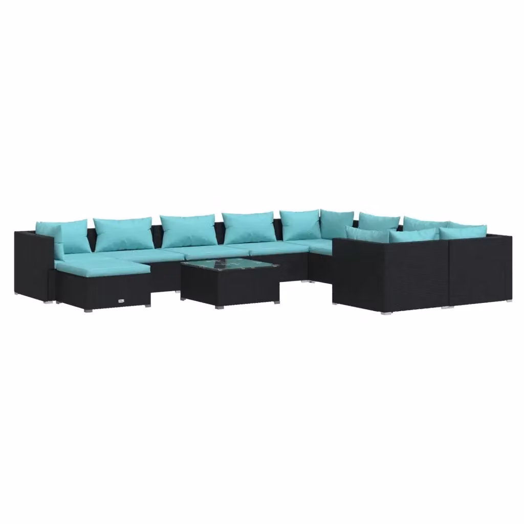 Set di Divani da Giardino a Forma di U vidaXL in Polyrattan Nero con Cuscini Blu e Tavolino da Esterno – 2