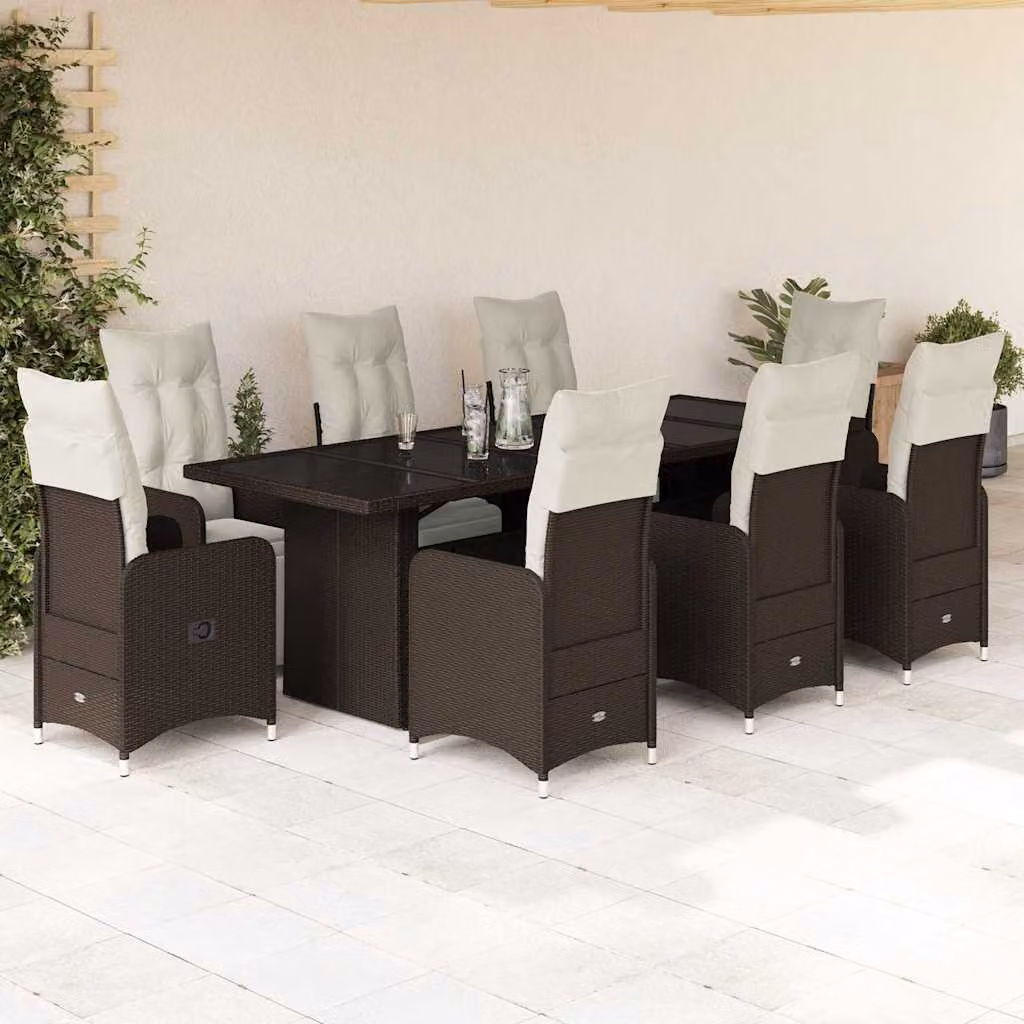 vidaXL Set Bistrò da Giardino 9 pz in Polyrattan Marrone con Cuscini e Tavolo in Vetro
