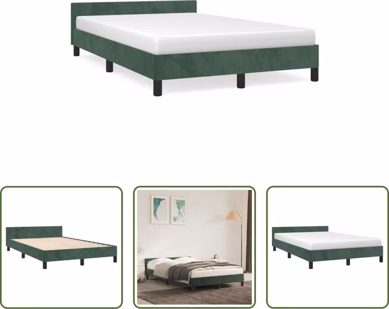 The Living Store Struttura letto con testiera in velluto verde scuro 120x190 cm
