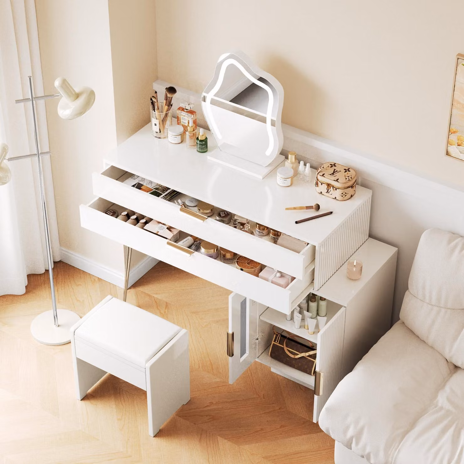 STILVORA Toeletta bianca con specchio illuminato a LED e struttura estraibile, comò da trucco senza sgabello, bianco