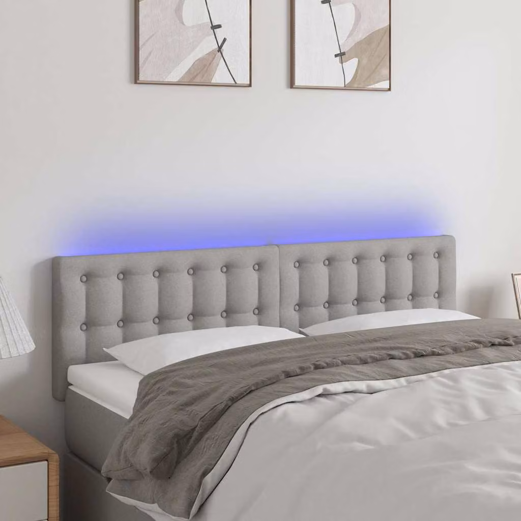 Testiera per letto vidaXL in tessuto grigio con illuminazione LED e porta di ricarica USB, L 144 cm, P 5 cm, H 78-88 cm