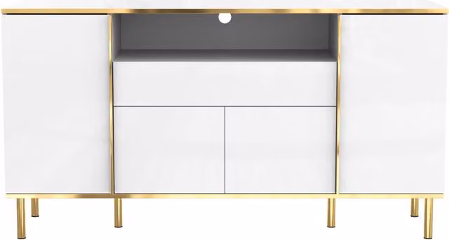 Credenza moderna GL Store con illuminazione LED integrata, finitura lucida bianca e oro, L 150 cm x P 40 cm x H 80 cm