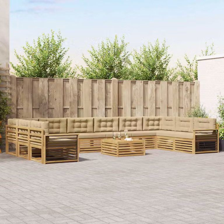 Set di divani da giardino vidaXL in legno di acacia con forma a L, colore marrone e beige, composto da 11 pezzi con cuscini e tavolino da esterno
