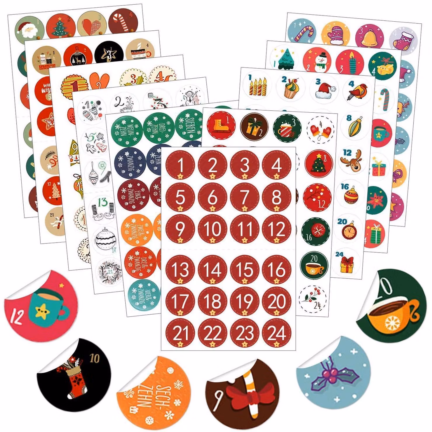 Adesivi per calendario dell'Avvento, 240 pezzi, numeri adesivi da 1 a 24, ideali per decorare, creare e riempire calendari dell'Avvento