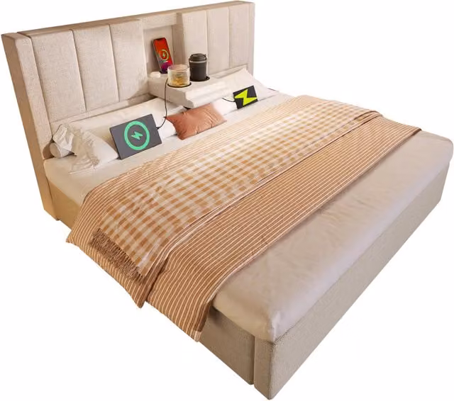 Letto contenitore 160 × 200 cm matrimoniale con portabicchieri, USB e presa tipo C, materasso incluso, beige