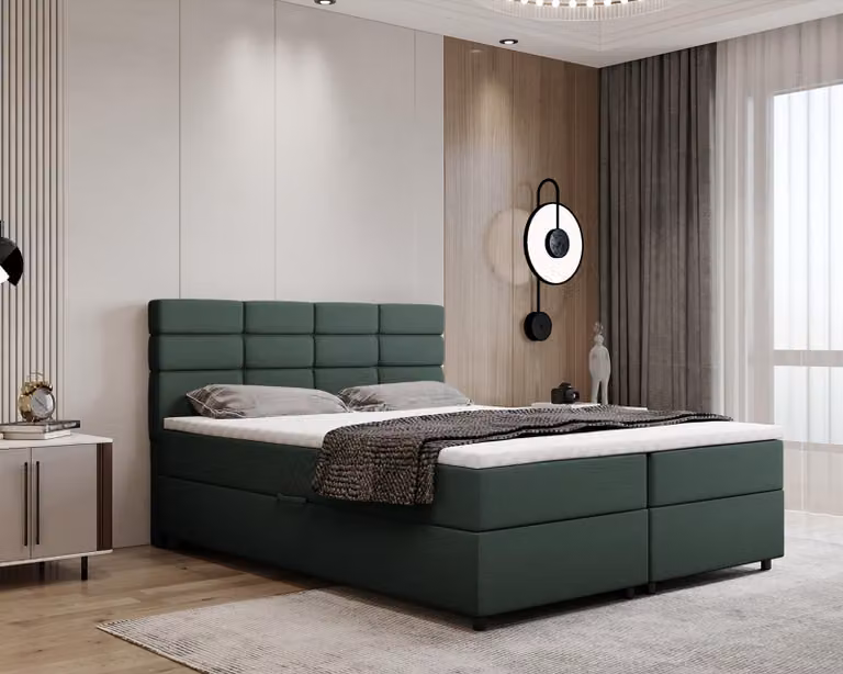 Letto boxspring 160x200, con contenitore, verde, materasso e coprimaterasso, letto matrimoniale, REVE, Panda Möbel