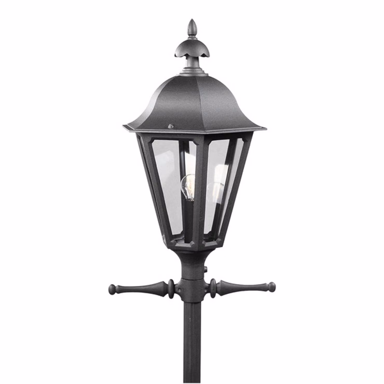 Testa di lampada Konstsmide Pallas in alluminio verniciato nero, con vetro acrilico color fumo; prezzo comprensivo di supporto per cavo, esclusi base e palo; vedi accessori