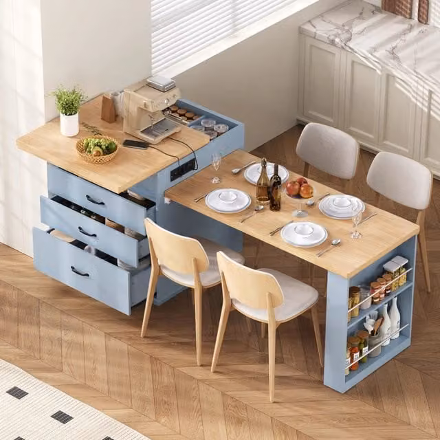Desviae Tavolo da pranzo allungabile con LED e stazione di ricarica USB Type-C in MDF blu con cassetti e ripiani laterali