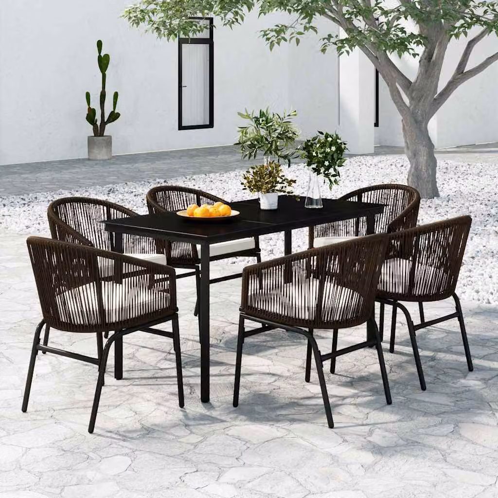 Set da pranzo da giardino vidaXL in stile moderno composto da 7 pezzi con tavolo rettangolare in vetro e sedie in metallo e rattan, colore marrone