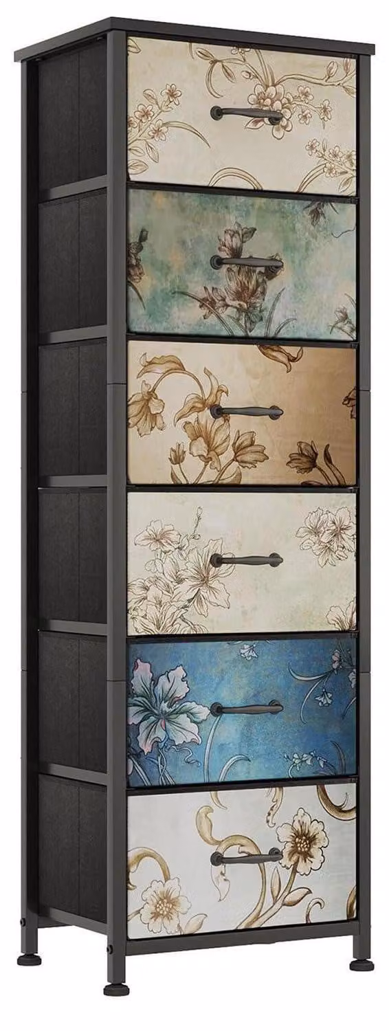 Comodino con 6 cassetti rivestiti in tessuto, dimensioni 30x40x116 cm, struttura in metallo con finitura effetto legno