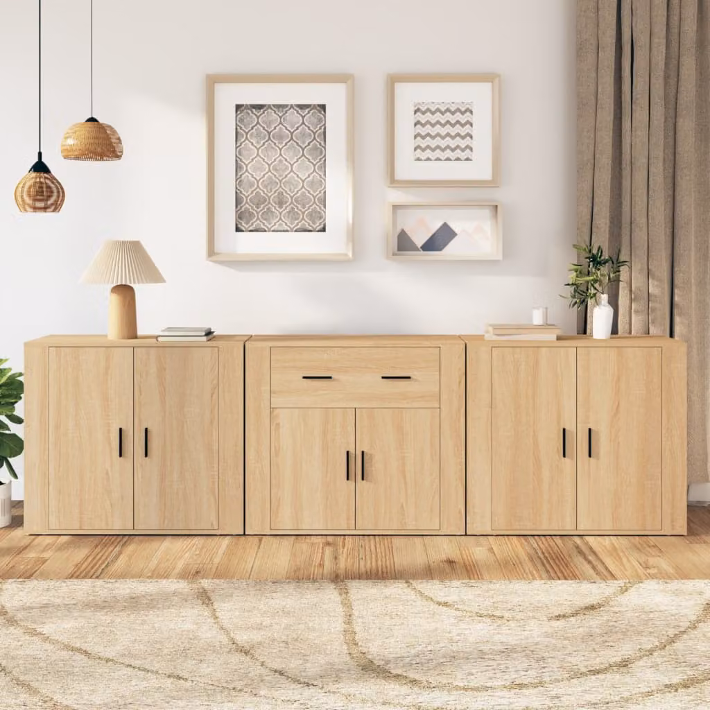 Set di 3 credenze vidaXL in legno multistrato color rovere sonoma, finitura opaca, L/P/H: 70 x 33 x 80 cm