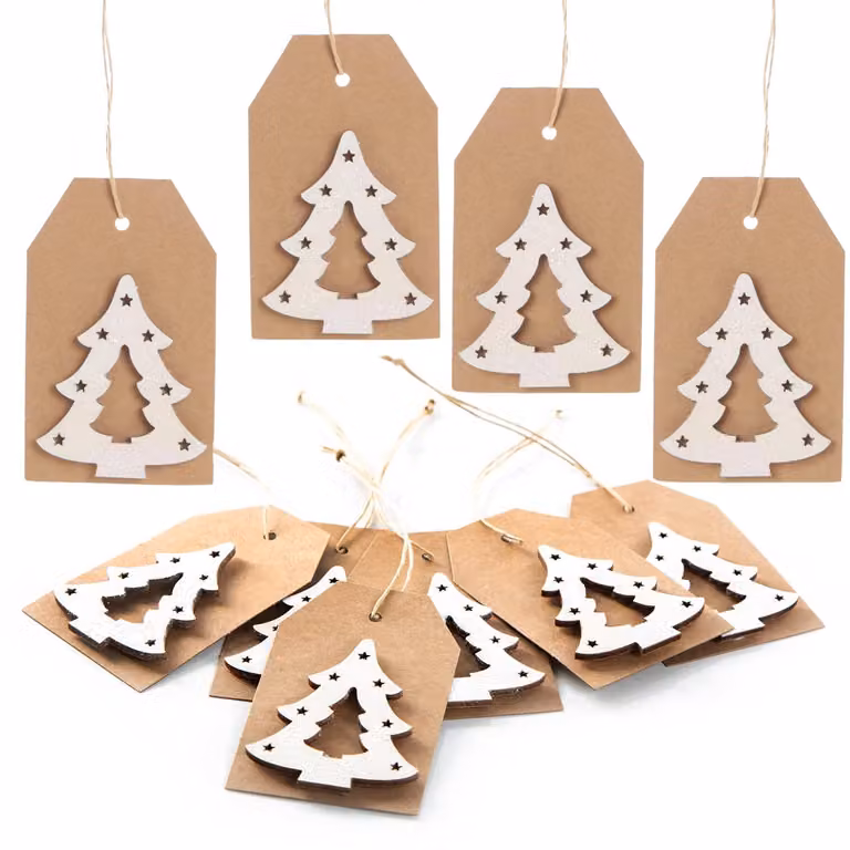 10 etichette in carta kraft con motivo di albero di Natale, bicolore marrone e bianco, dimensioni 9,5 x 5,5 cm