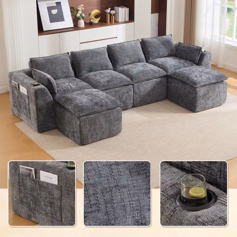 Divano componibile LVHOM XXL a 4 posti in ciniglia, divano a U con portabevande e tasche laterali, divano grande, 322 cm, grigio scuro