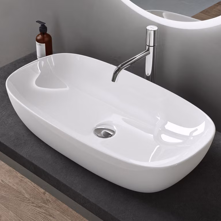 doporro Lavabo da Appoggio in Vetroceramica Bianco Lucido 70 cm, Lavandino Bagno Brüssel104
