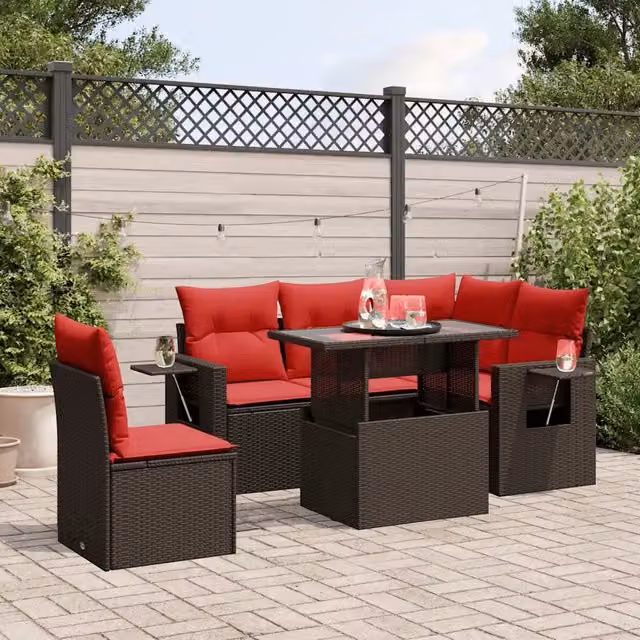 Set di Divani da Giardino a L con Tavolino vidaXL, 6 Pezzi in Polyrattan Marrone con Cuscini Imbottiti e Coperture Rimovibili