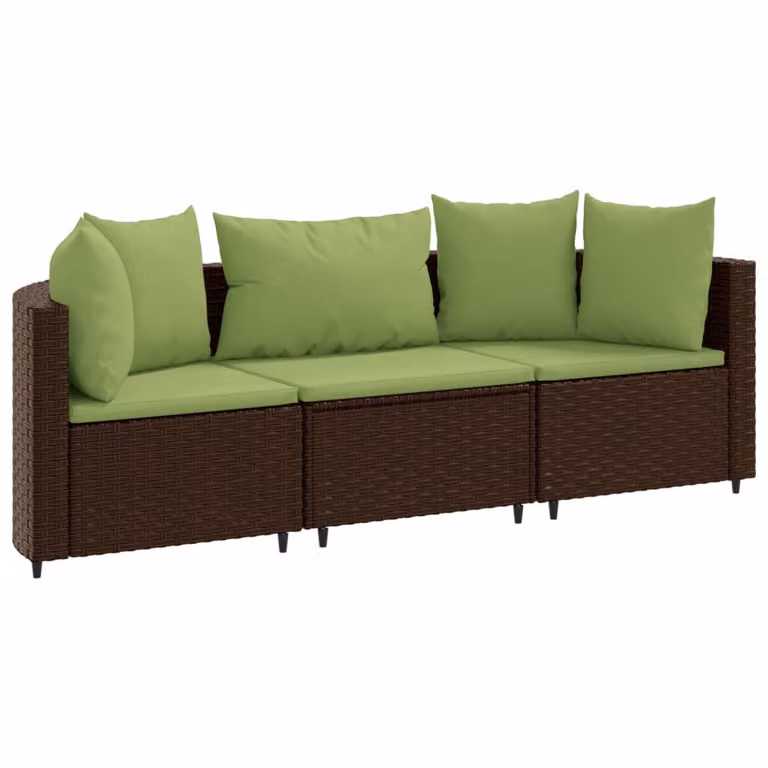 Set Divano da Giardino 3 pz con Cuscini Marrone in Polyrattan