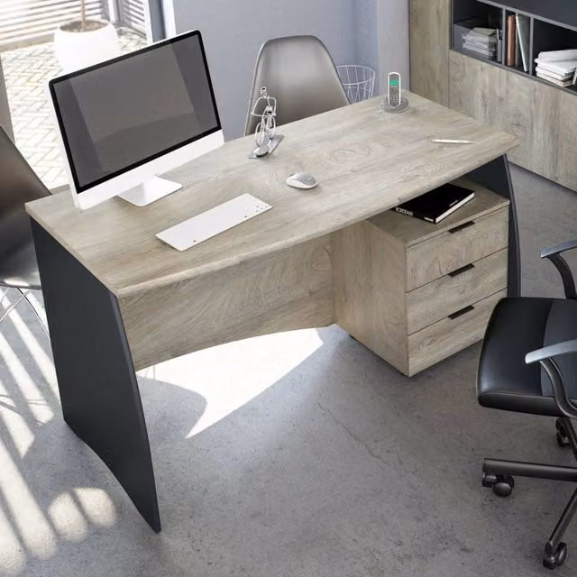 Scrivania DMORA moderna per ufficio e studio in MDF laminato, Rovere e Antracite, L: 136 cm, P: 67 cm, H: 74 cm