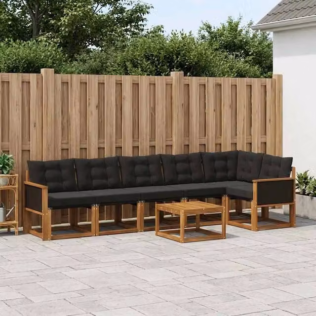 Set di divani da esterno a L vidaXL in legno di acacia con tavolino e cuscini, Marrone e Nero
