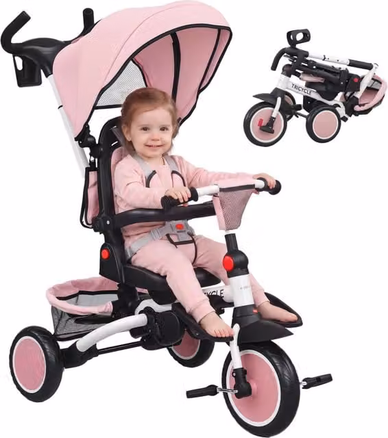 Triciclo per Bambini Evolutivo 6 in 1, Pieghevole con Sedile Girevole a 360 Gradi e Maniglione Regolabile, Rosa
