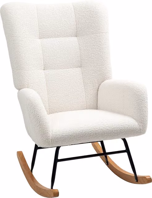 Sedia a dondolo relax HOMCOM in velluto teddy e bouclé bianco crema con struttura in metallo e braccioli