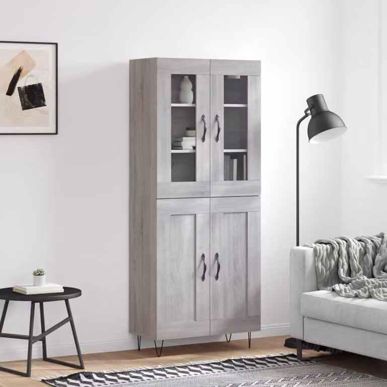 Credenza stile industriale vidaXL in legno e vetro, Grigio Sonoma, L: 69,5 cm, P: 34 cm, H: 180 cm