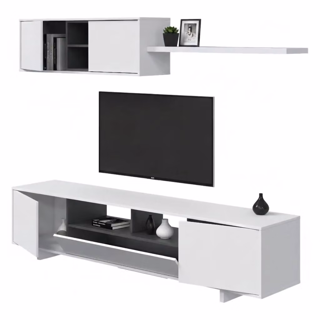Parete Attrezzata Mobile Soggiorno DMORA Angora Bianco Lucido L: 200 cm, P: 41 cm, H: 46 cm – 2