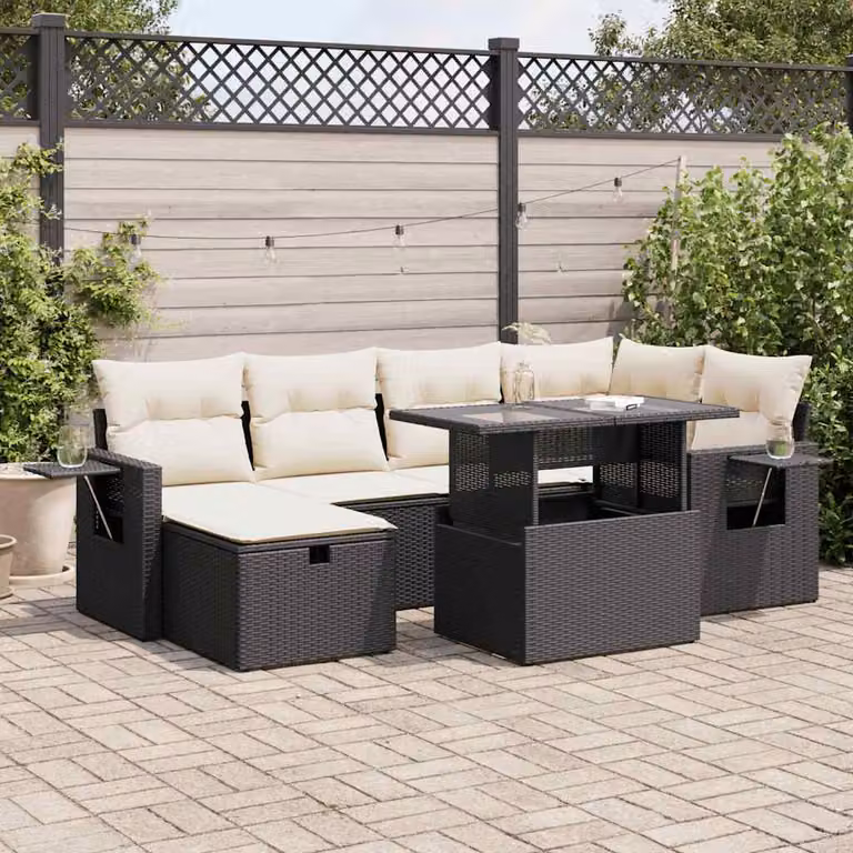 Set Divano da Giardino a L vidaXL in Polyrattan Nero con 7 Cuscini e Tavolino da Esterno